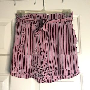 Dusty Pink Striped High-Waisted Paperbag Shorts